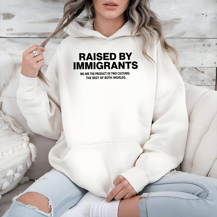 Raised By Immigrants Hoodie | Dual Culture Empowerment Graphic Design | Premium Cotton-Blend Apparel | Meaningful Gift For First Gen Americans