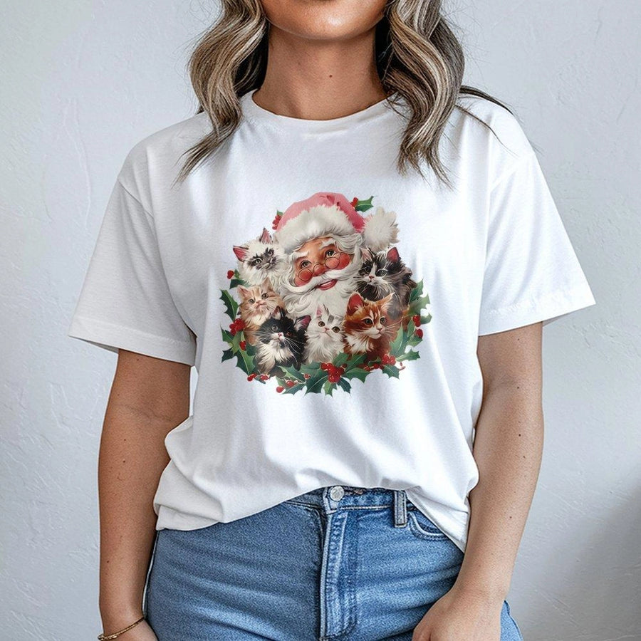 Santa and Kittens Christmas T-Shirt | Retro Festive Cat Lover Graphic | Soft Premium Cotton Tee | Whimsical Holiday Gift for Cat Moms and Dads