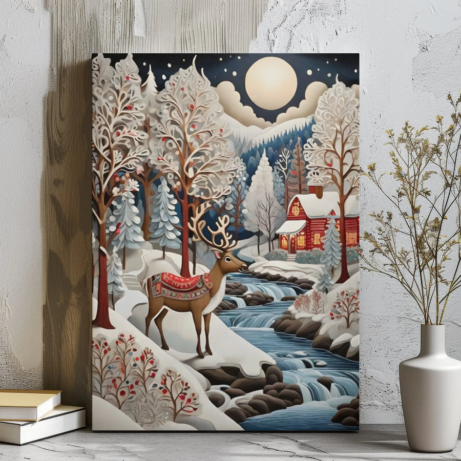 Winter Reindeer Canvas Wall Art | Snowy Forest Cabin Landscape | Premium Gallery Wrap Decor | Holiday Living Room Gift