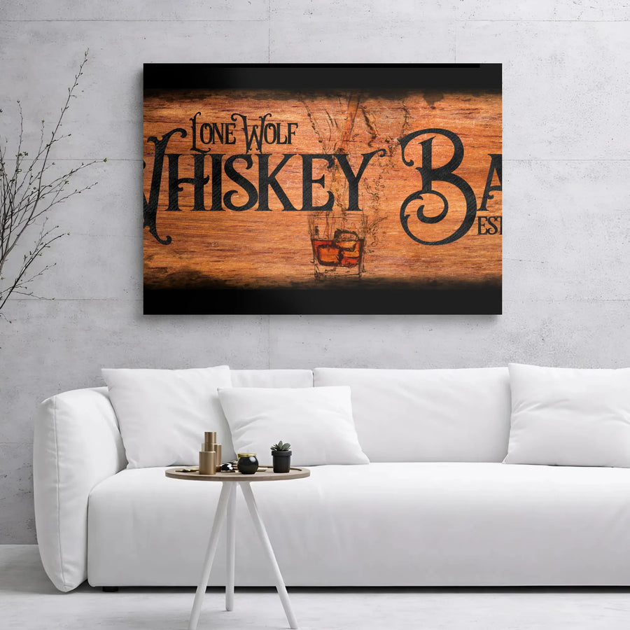 Lone Wolf Whiskey Bar Canvas Wall Art | Rustic Pub Decor with Whiskey Glass | Premium Gallery Wrap Print | Man Cave & Home Bar Decor Gift