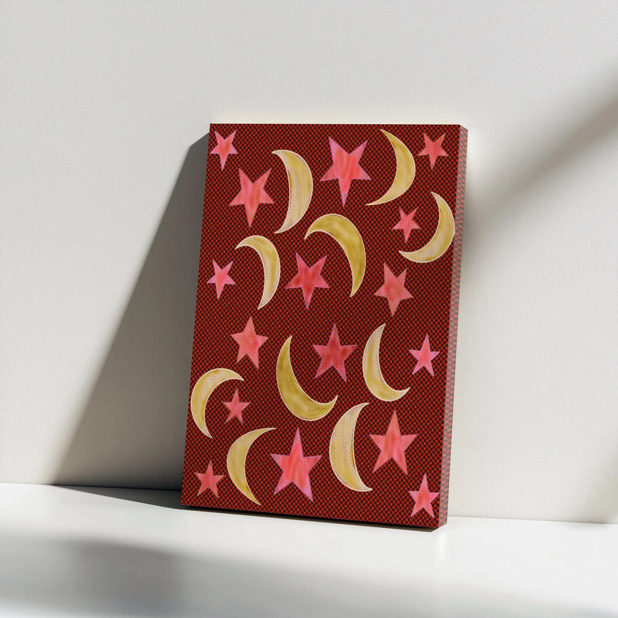 Celestial Stars and Moon Canvas Wall Art | Pop Art Halftone Red Print | Premium Gallery Wrap Decor | Modern Nursery or Bedroom Gift
