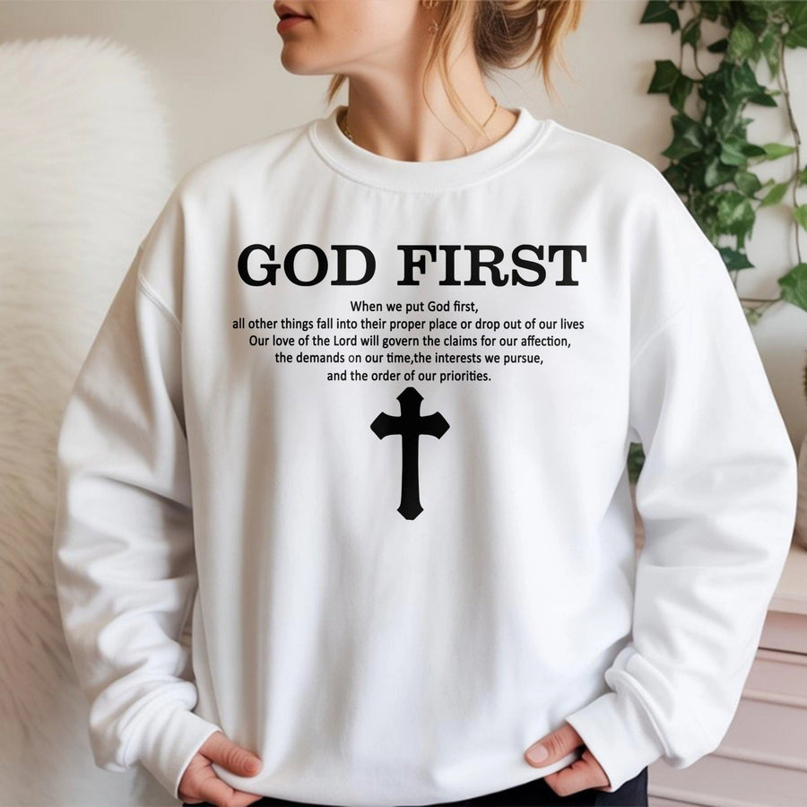 God First Christian Sweatshirt | Inspirational Quote With Cross Graphic | Premium Cotton Blend | Gift For Believers Men Women Unisex Apparel