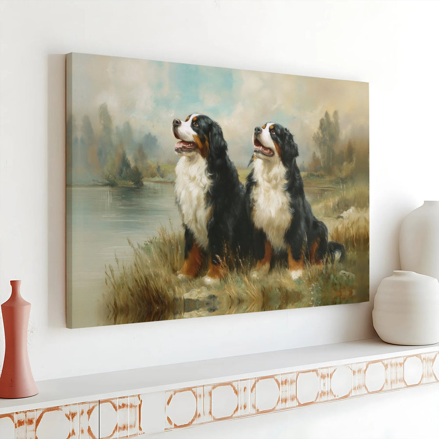 Bernese Mountain Dog Wall Art | Vintage Oil Painting Landscape | Premium Gallery Wrapped Canvas | Dog Lover Gift For Home Decor