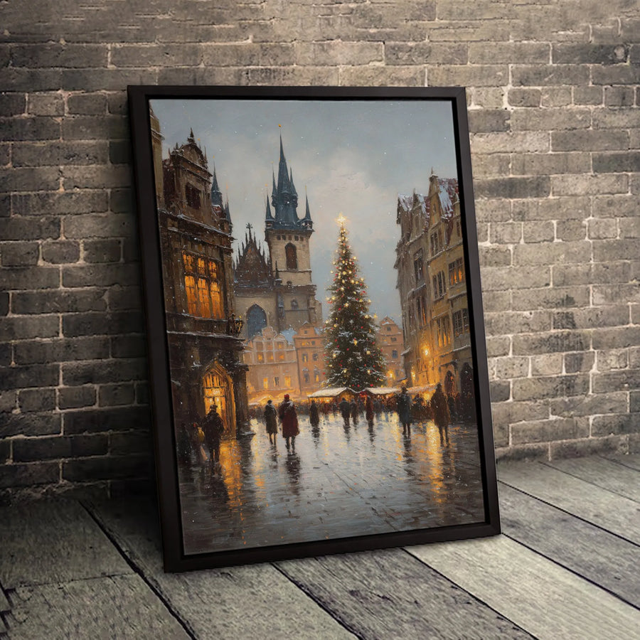 Prague Christmas Market Wall Art | Old Town Square Winter Landscape | Gallery Wrapped Canvas Print | European Holiday Home Decor Gift