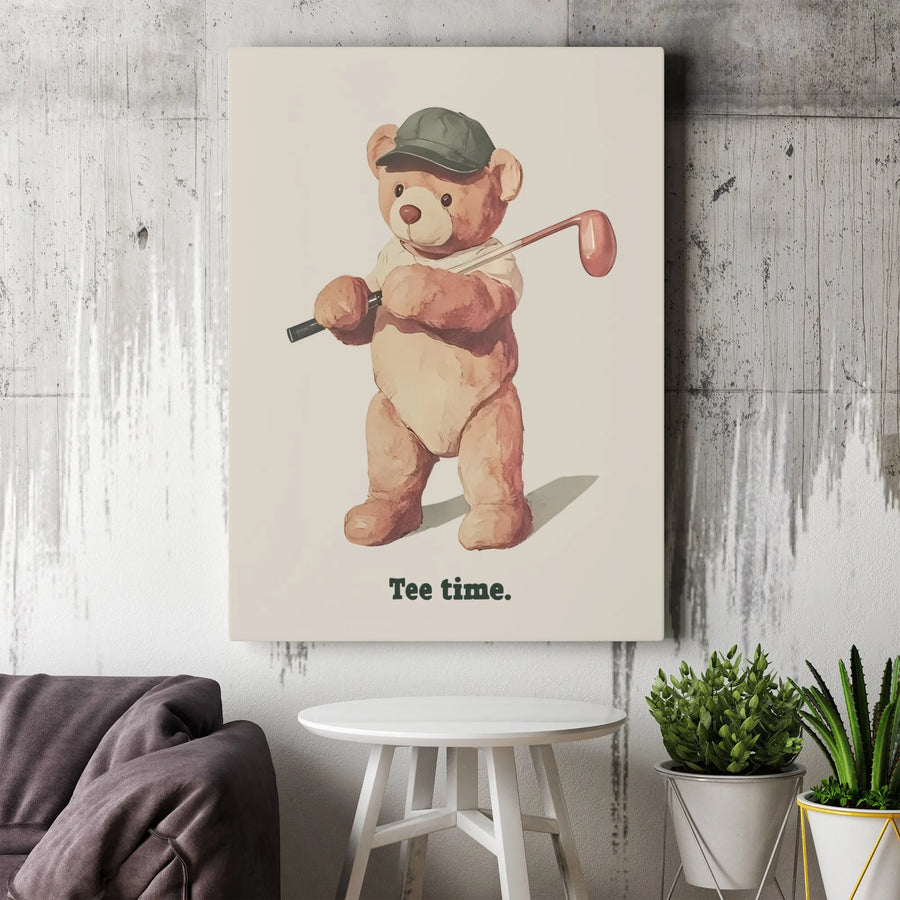 Golf Teddy Bear Canvas Wall Art | Tee Time Watercolor Print | Premium Gallery Wrap Decor | Gift for Golfer and Kids Room Nursery