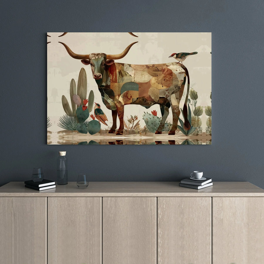 Southwestern Longhorn Canvas Wall Art | Patchwork Desert Bull With Cactus | Premium Gallery Wrap Print | Western Home Office Decor Gift