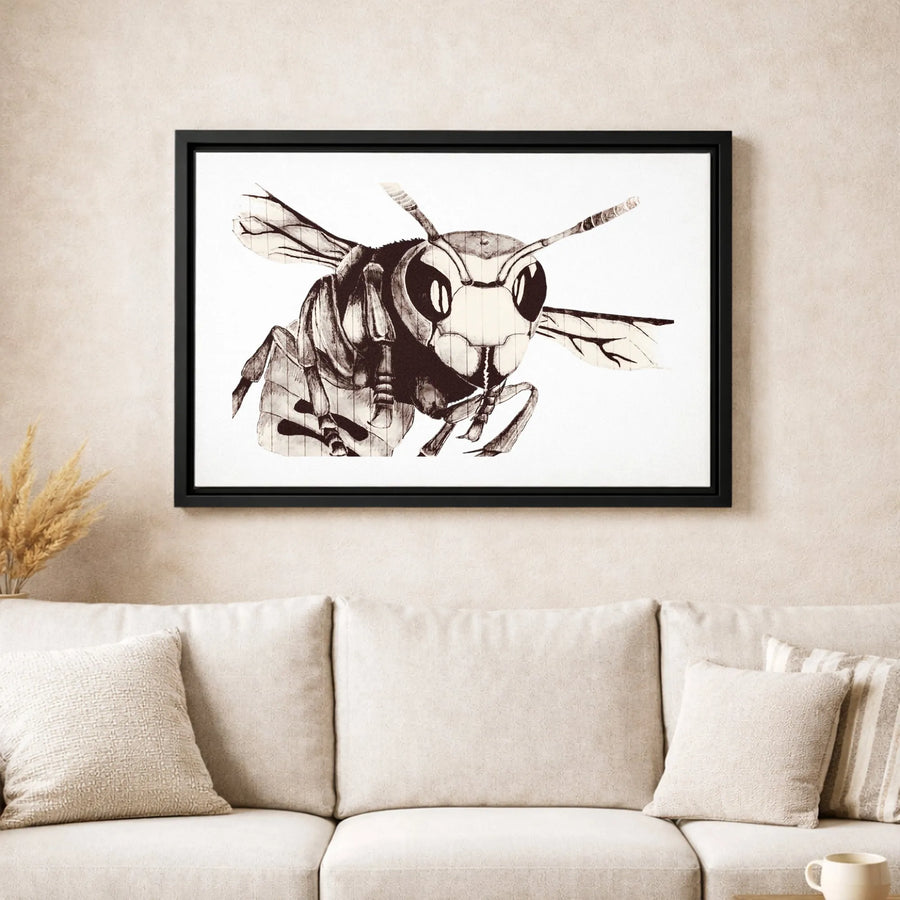 Mechanical Wasp Wall Art | Monochrome Insect Sketch Print | Premium Gallery Wrapped Canvas | Industrial Home Decor Gift for Entomologists