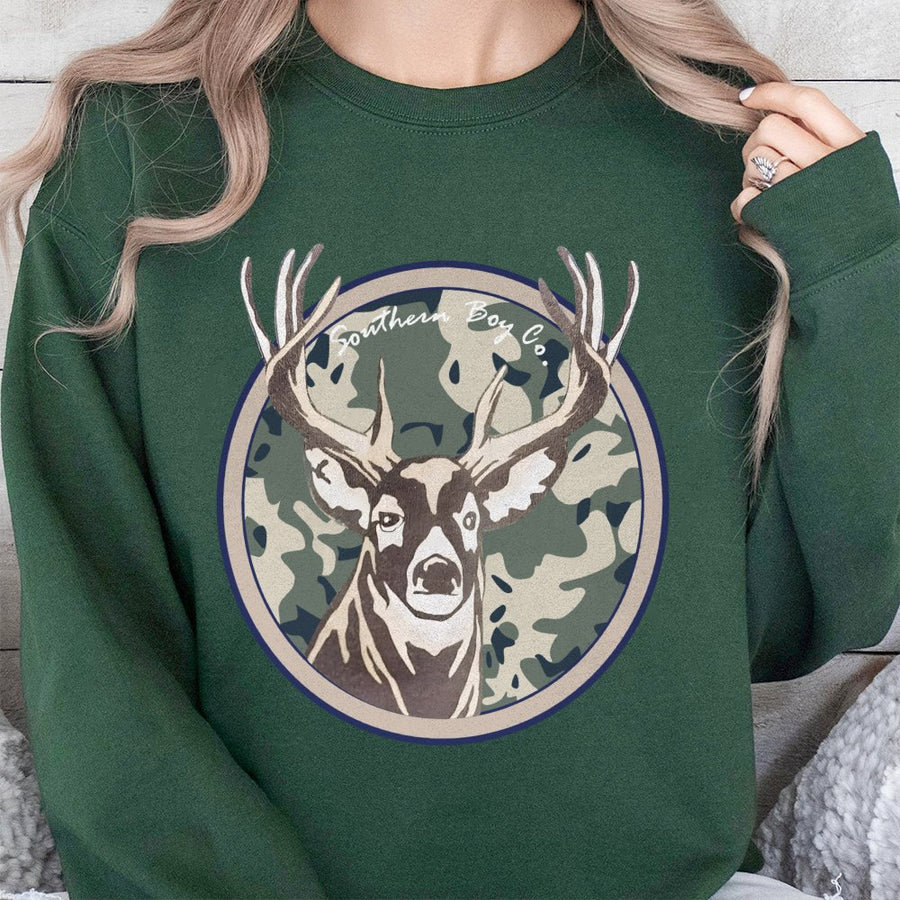 Deer Head Sweatshirt | Vintage Camo Circle Graphic | Premium Cotton Blend | Unisex Hunting Gift for Wildlife Lovers