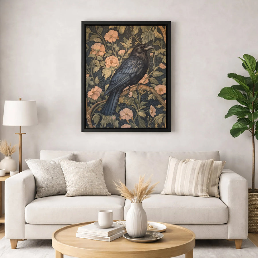 Dark Academia Raven Canvas | Vintage Floral Bird Wall Art | 1.25 Inch Gallery Wrap | Gothic Home Office Decor Gift