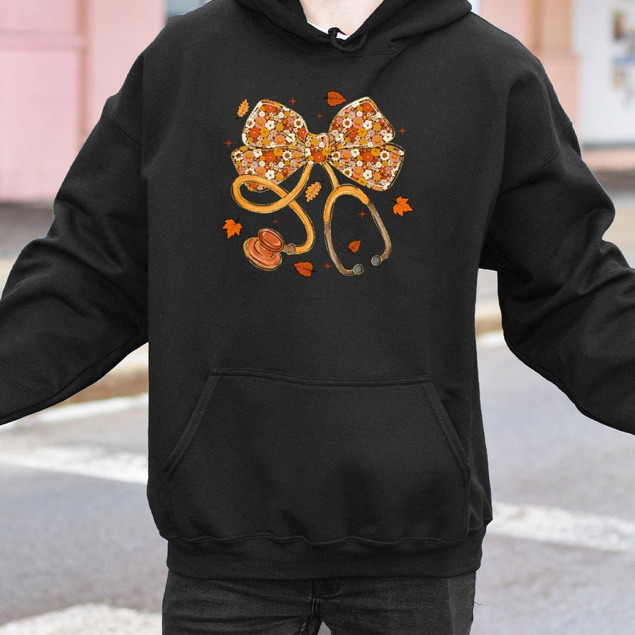 Nurse Stethoscope Hoodie | Fall Floral Bow Graphic | Premium Cotton Blend | Gift for Nursing Student & Healthcare Professional