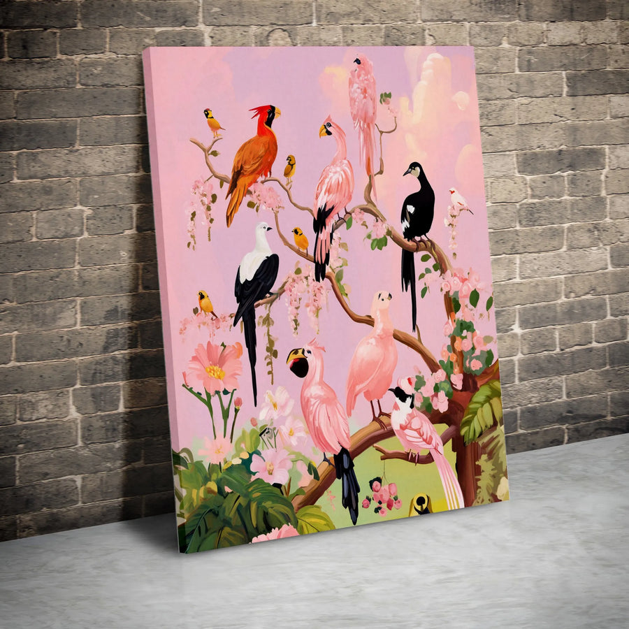 Tropical Bird Canvas Art | Pink Floral Exotic Wildlife Print | Premium Gallery Wrapped Wall Decor | Gift for Nature Lovers