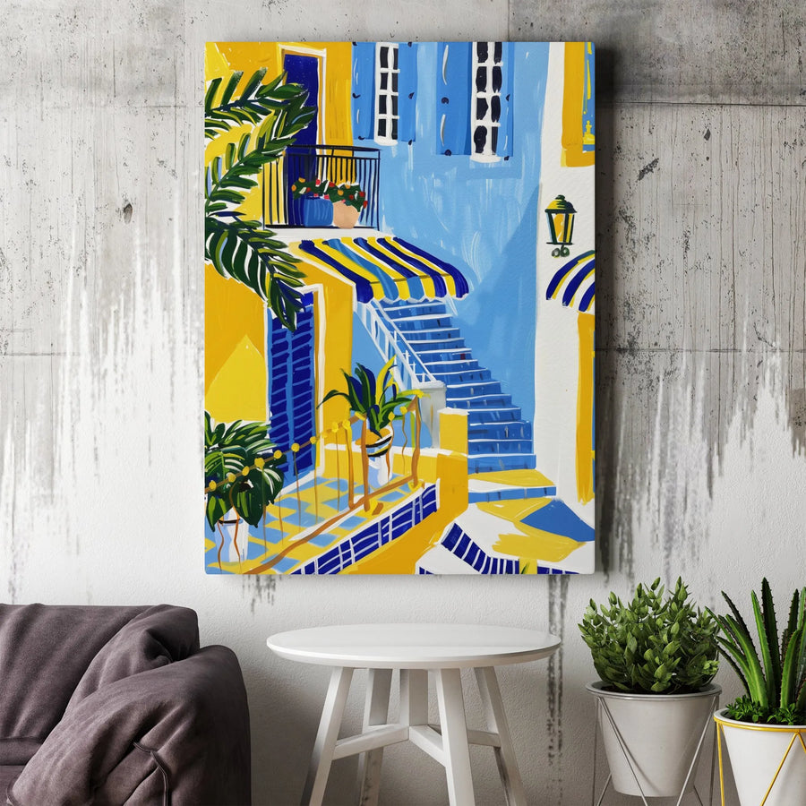 Mediterranean Street Scene Canvas | Vibrant Coastal European Home Decor | Gallery Wrap Premium Print | Travel Wall Art Gift for Home Office