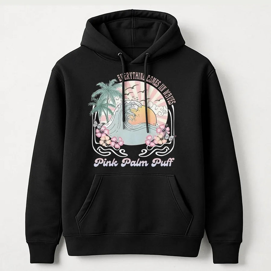 Ocean Wave Hoodie | Retro Sunset & Palm Tree Graphic | Soft Cotton Blend Sweatshirt | Beach Lover Surfer Gift