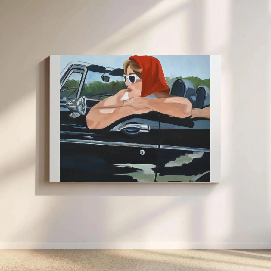 Vintage Car Canvas Wall Art | Woman in Red Headscarf & Convertible | Premium Gallery Print | Aesthetic Room Decor Gift for Her