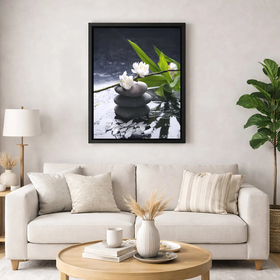 Zen Balancing Stones Canvas Wall Art | Cherry Blossom Bamboo Spa Decor | Premium Gallery Wrap Print | Peaceful Home & Office Sanctuary Gift