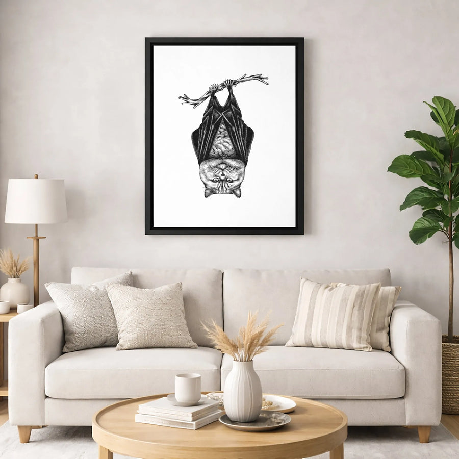 Bat Cat Hanging Wall Art | Whimsical Pointillism Animal Illustration | Premium Stretched Canvas Print | Unique Gothic Home Decor Gift