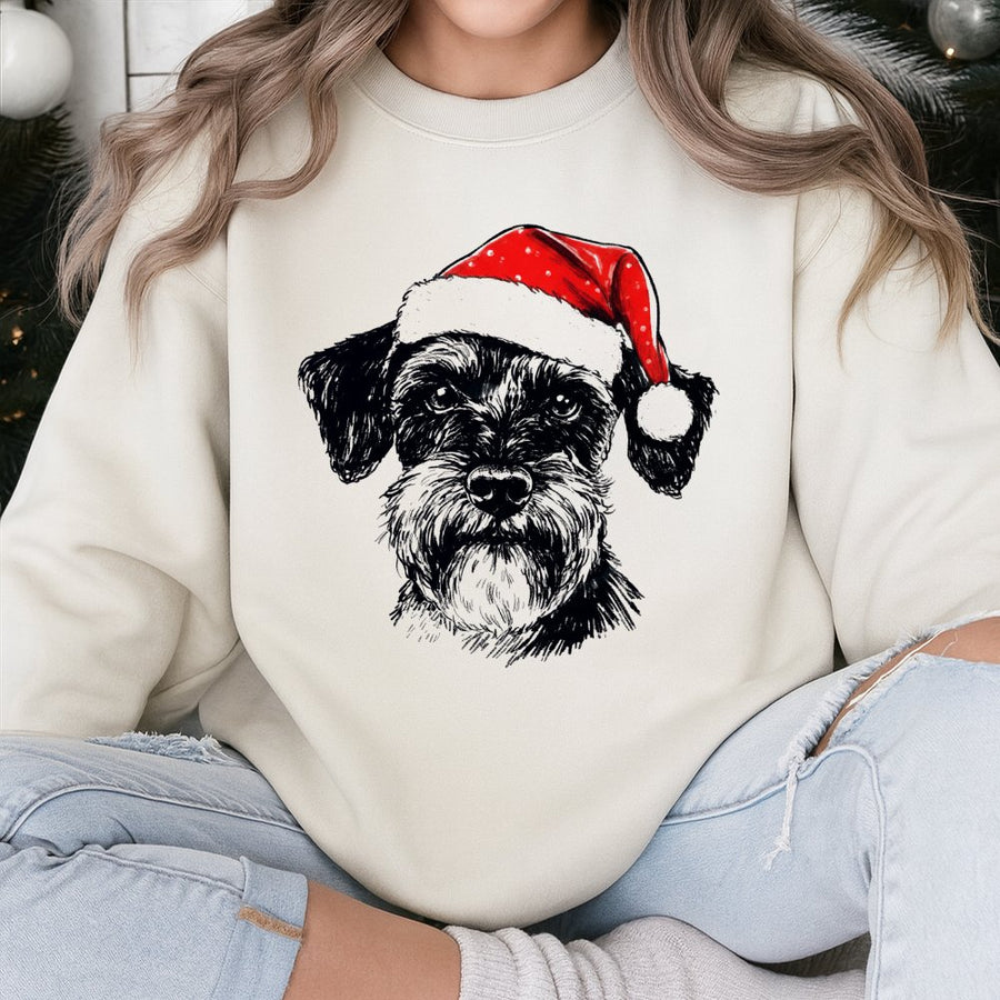 Schnauzer Christmas Sweatshirt | Cute Dog In Santa Hat Graphic | Soft Cotton-Poly Blend | Festive Holiday Gift For Dog Lovers