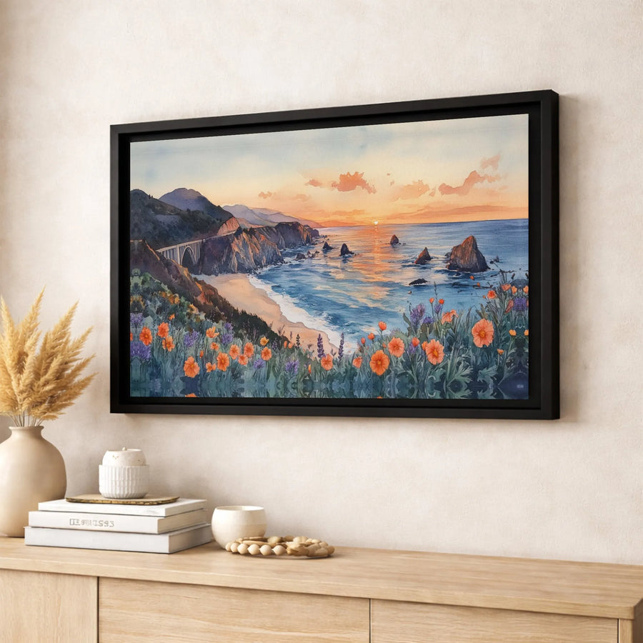 Big Sur California Coast Canvas Wall Art | Bixby Bridge Sunset Watercolor Print | Premium Gallery Wrap 1.25" Profile | Coastal Home Decor Gift