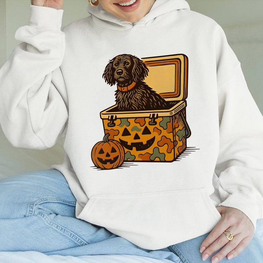 Boykin Spaniel Halloween Hoodie | Hunting Dog In Camo Cooler Graphic | Premium Cotton Blend | Gift For Dog Lovers And Outdoor Enthusiasts