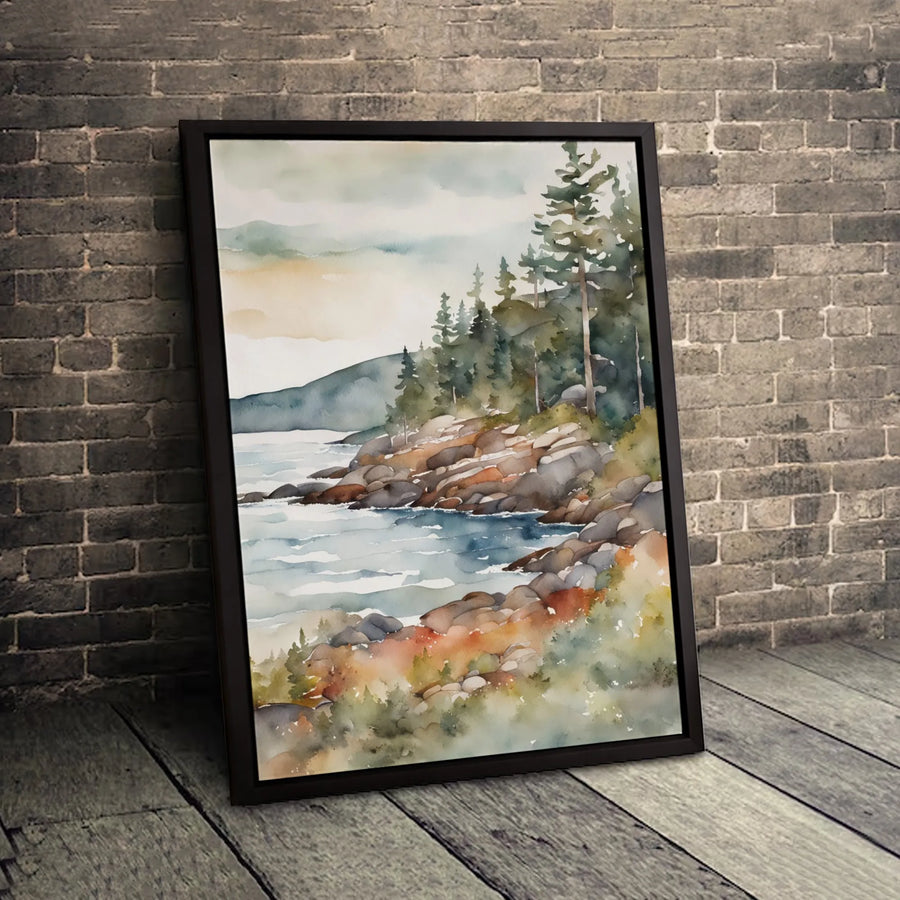 Coastal Pine Forest Canvas Print | Watercolor Rocky Shore Landscape | Gallery Wrapped Premium Wall Art | Serene Nature Decor for Home Office