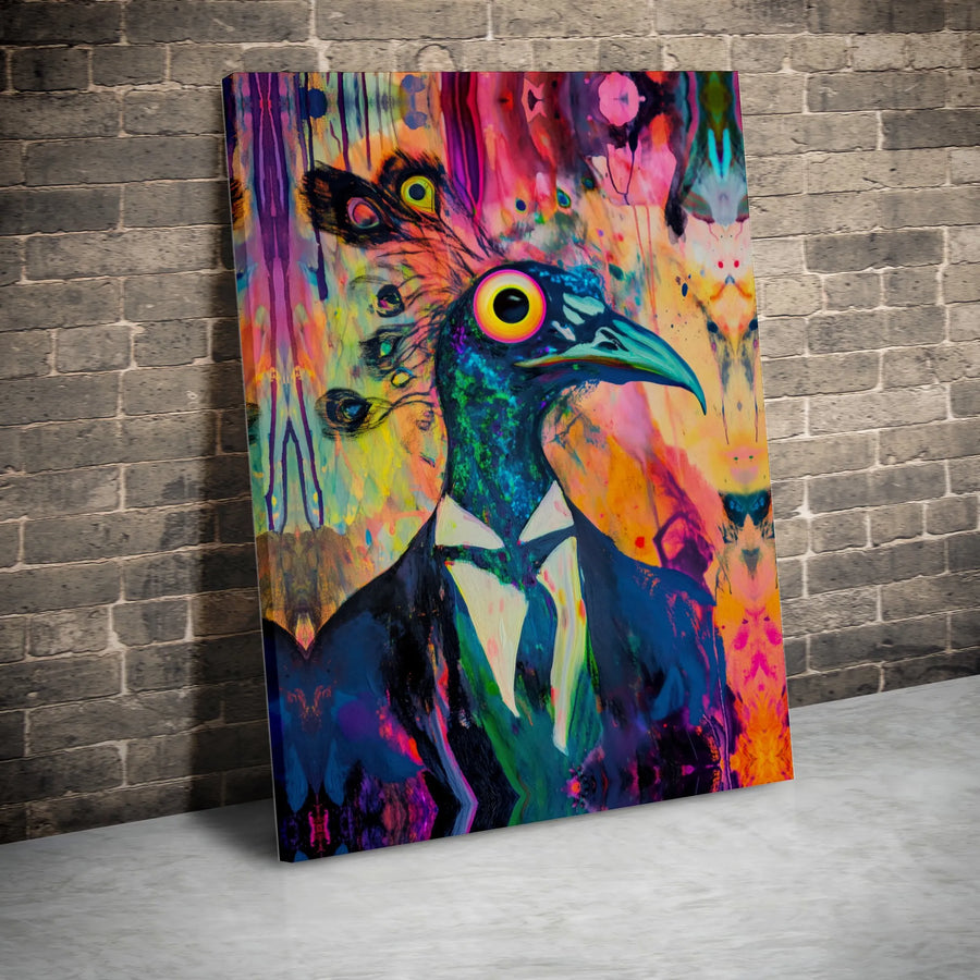 Psychedelic Peacock Wall Art | Quirky Bird in Suit Portrait | Premium Gallery-Wrapped Canvas | Eclectic Home Decor Gift