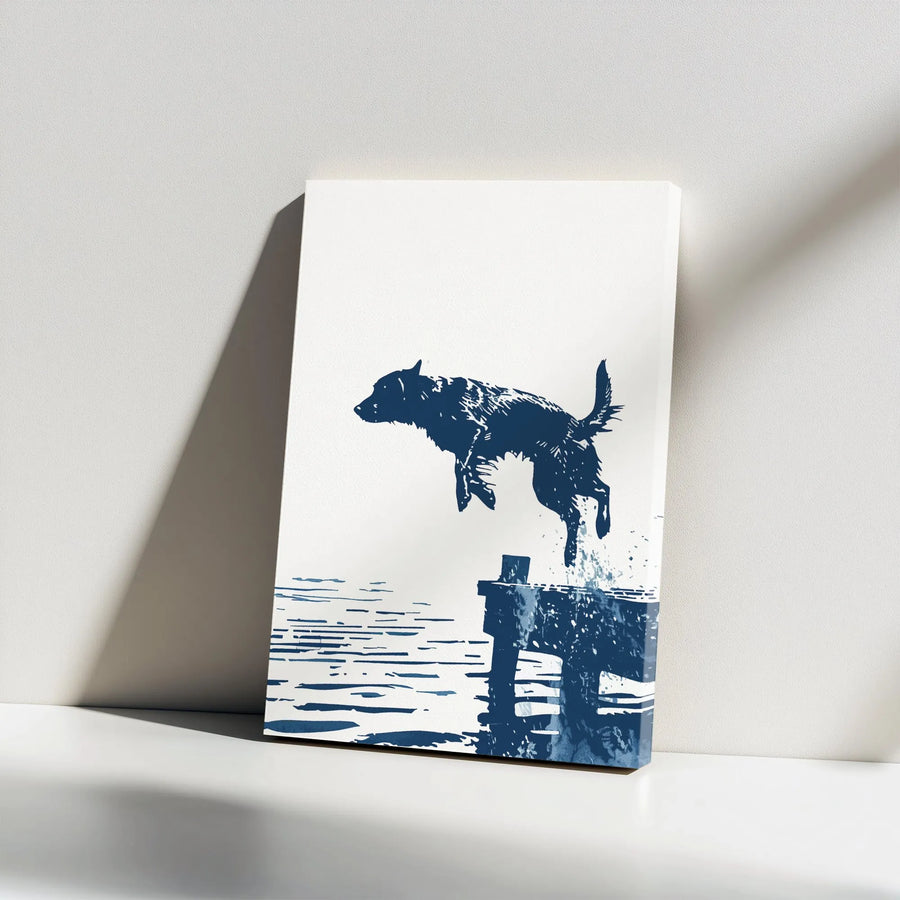 Dog Jumping Off Dock Vertical Canvas | Minimalist Silhouette Art | Premium Thick Gallery Wrap | Modern Home Decor Gift for Dog Lover