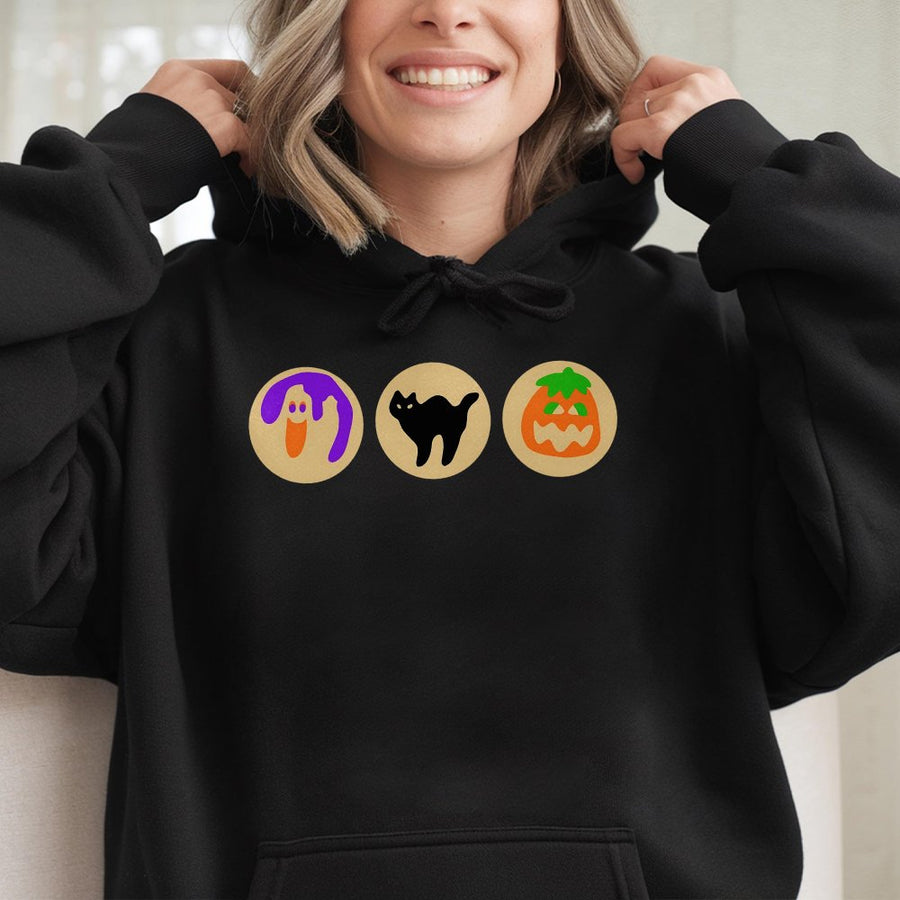 Halloween Cookie Hoodie | Ghost Cat Pumpkin Graphic | Premium Cotton Blend | Spooky Season Gift For Women And Men