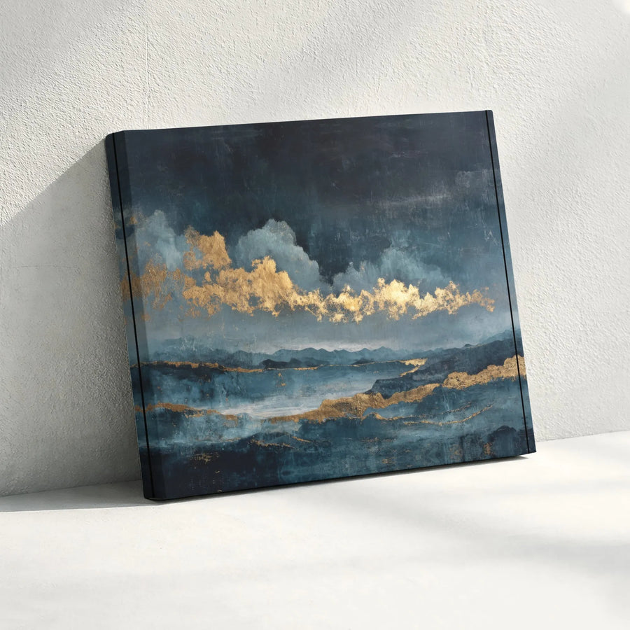 Abstract Landscape Canvas Wall Art | Teal and Gold Mountain Painting | Premium Fade-Resistant Print | Modern Living Room & Office Decor Gift