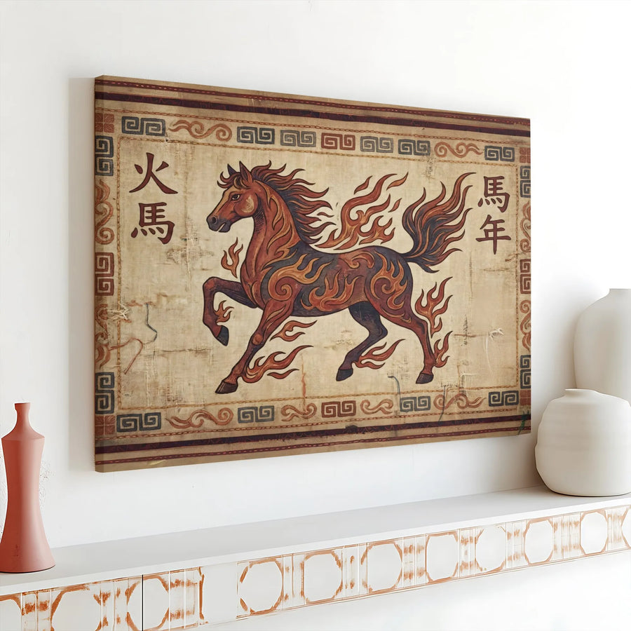 Year Of The Fire Horse Canvas Wall Art | Chinese Zodiac Mythical Animal Print | Premium Gallery Wrap Decor | Gift For Astrology Lover