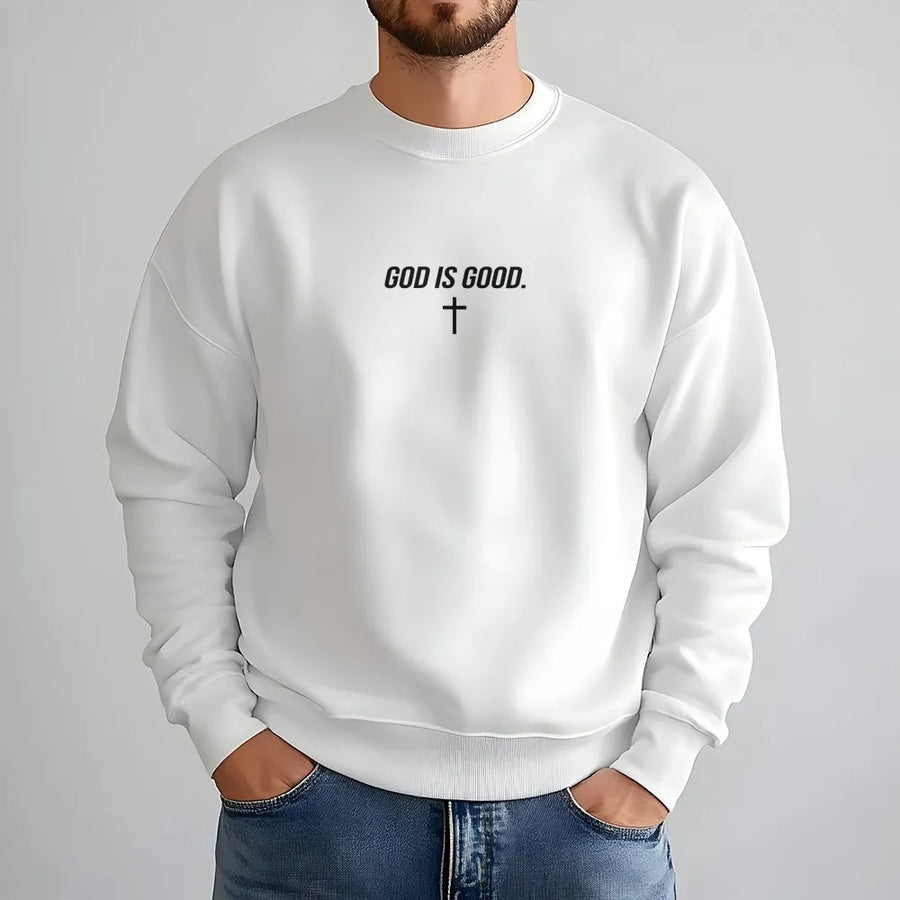 God Is Good Sweatshirt | Minimalist Christian Cross Graphic | Premium Cotton-Blend Crewneck | Faith-Based Inspirational Gift For Him Or Her