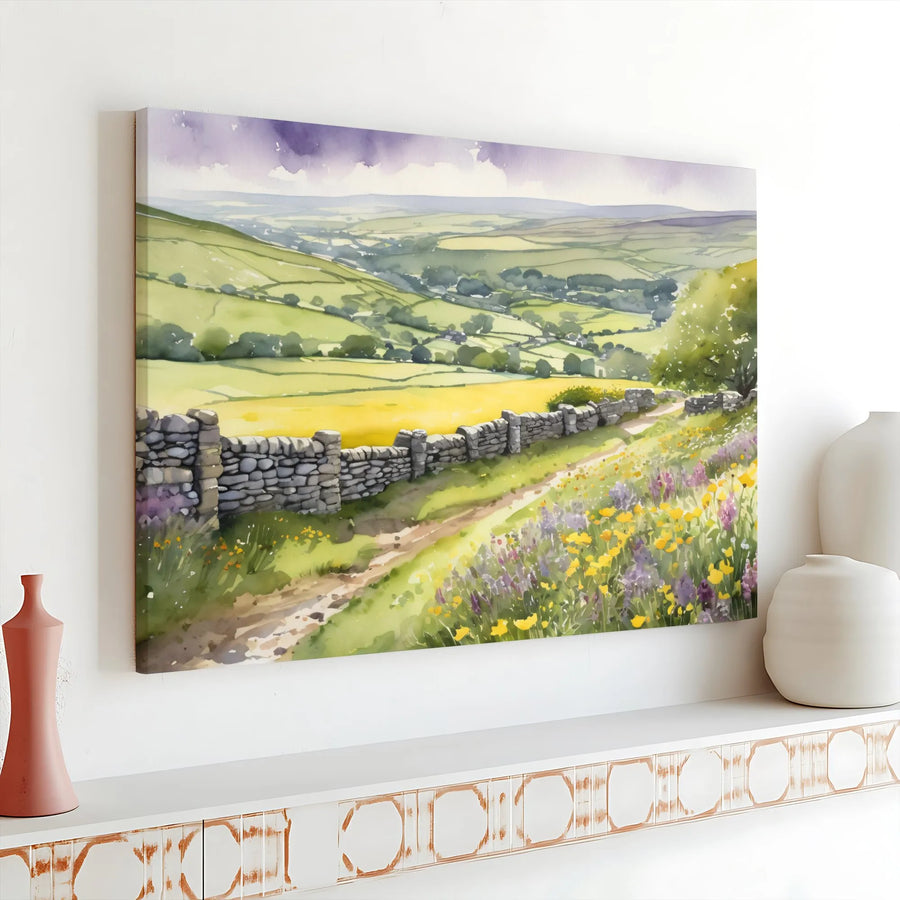 English Countryside Canvas Print | Watercolor Landscape with Wildflowers & Stone Wall | Premium Fade-Resistant Wall Art | Rustic Farmhouse Decor Gift