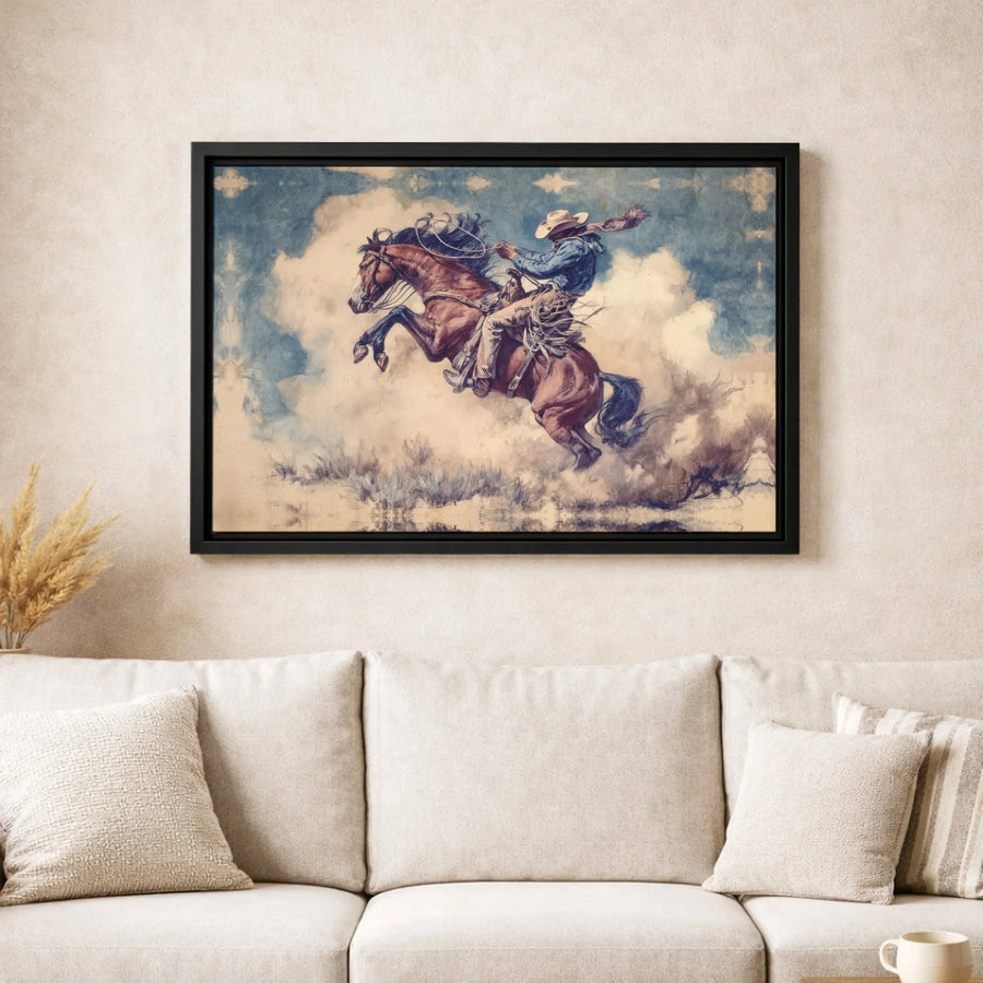 Western Rodeo Cowboy Canvas Art | Rearing Bucking Horse Painting | Gallery Quality 1.25-Inch Profile | Rustic Home Decor Wall Print