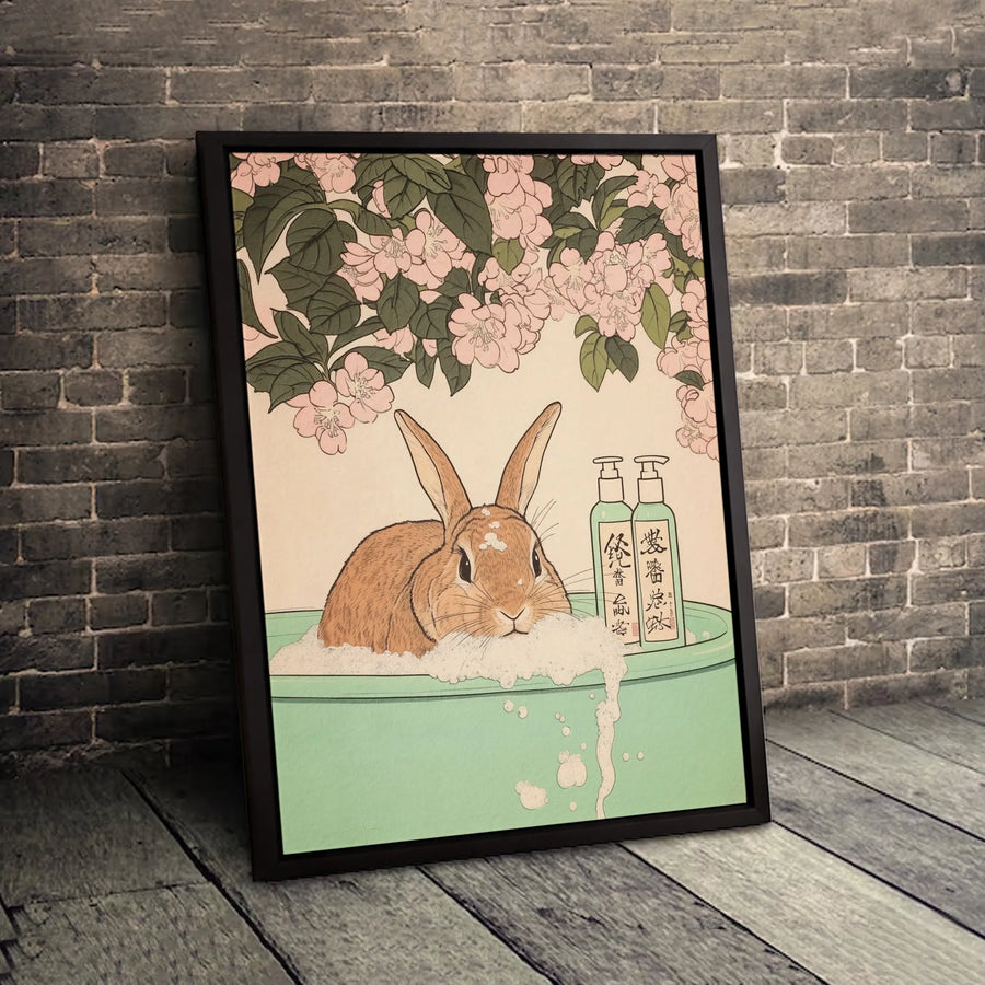 Japanese Rabbit Canvas Wall Art | Ukiyo-E Style Bunny Bathing in Blossoms | Premium Gallery Wrap Print | Cute Bathroom Decor for Home Gift