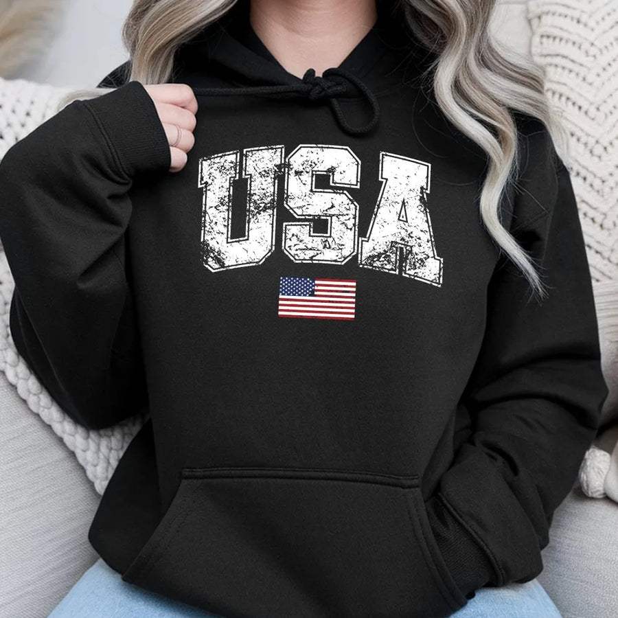 USA Flag Hoodie | Distressed Patriotic Graphic | Premium Cotton Blend | Unisex 4th of July Apparel Gift for Men and Women