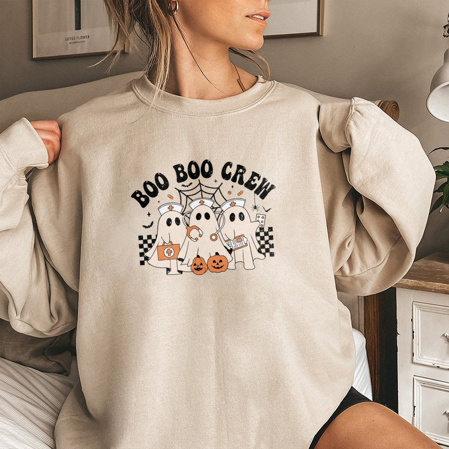 Boo Boo Crew Nurse Sweatshirt | Retro Halloween Ghost Design | Soft Cotton-Blend Premium Quality | Funny Halloween Nursing School Gift