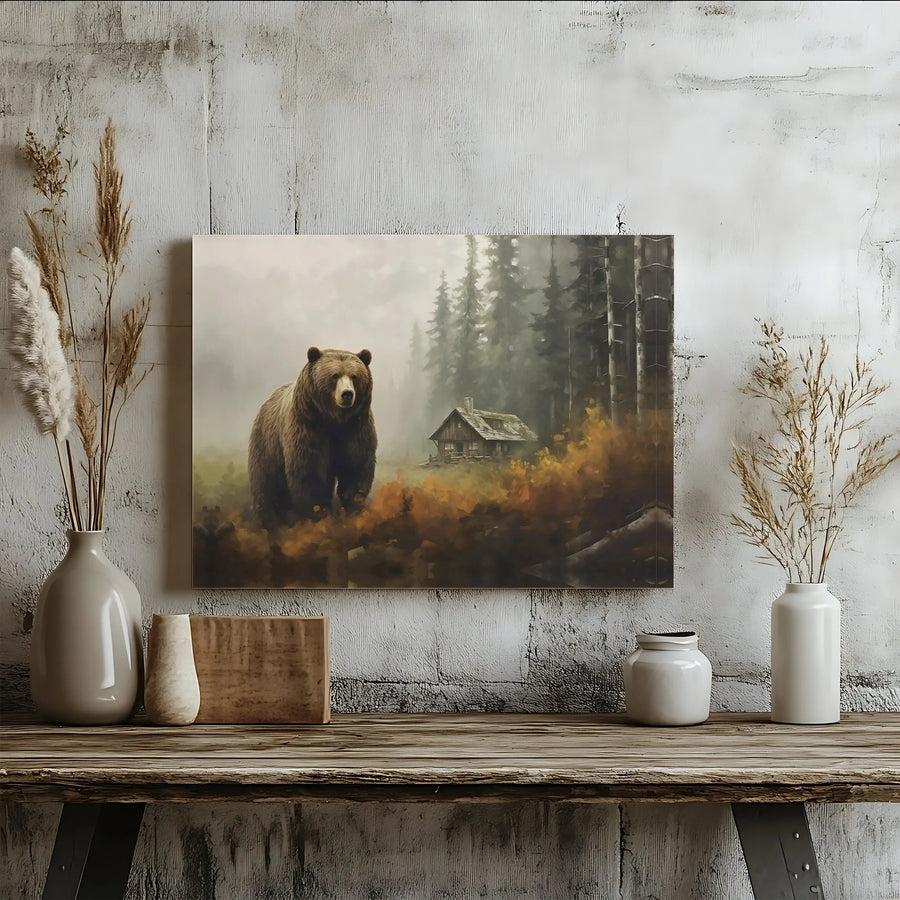 Grizzly Bear Canvas Wall Art | Foggy Autumn Forest Rustic Cabin Print | 1.25 Inch Gallery Wrap | Nature Lover Home Decor Gift