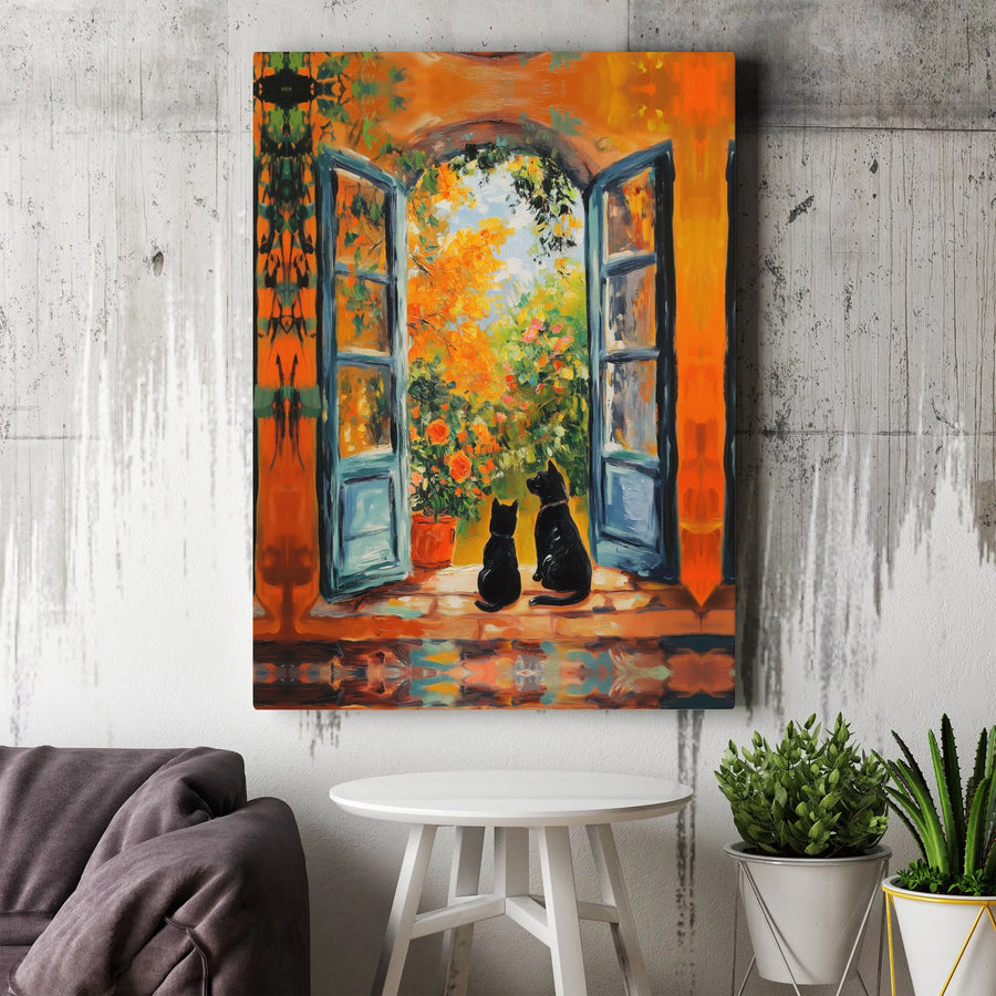 Black Cats Canvas Wall Art | Impressionist Garden Window Painting | Premium Gallery Wrapped Canvas | Modern Home Decor Gift for Cat Lover