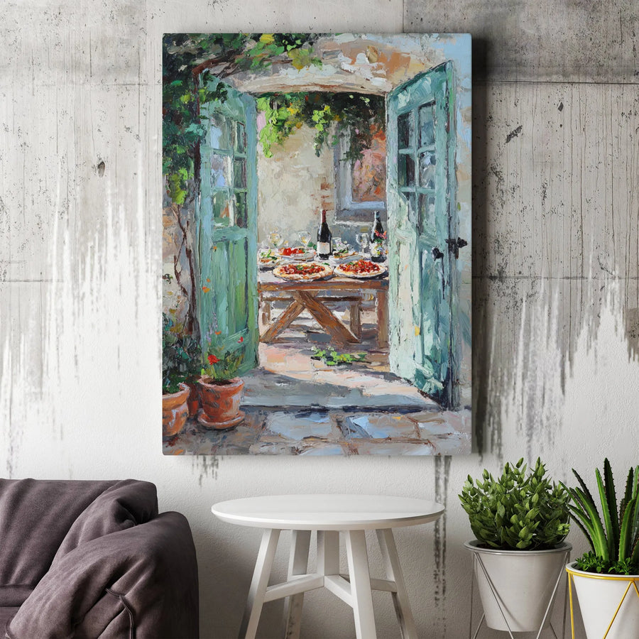 Italian Patio Wall Art | Pizza and Wine Bistro Painting | Gallery Wrapped Canvas Print | Tuscan Kitchen Decor for Dining Room