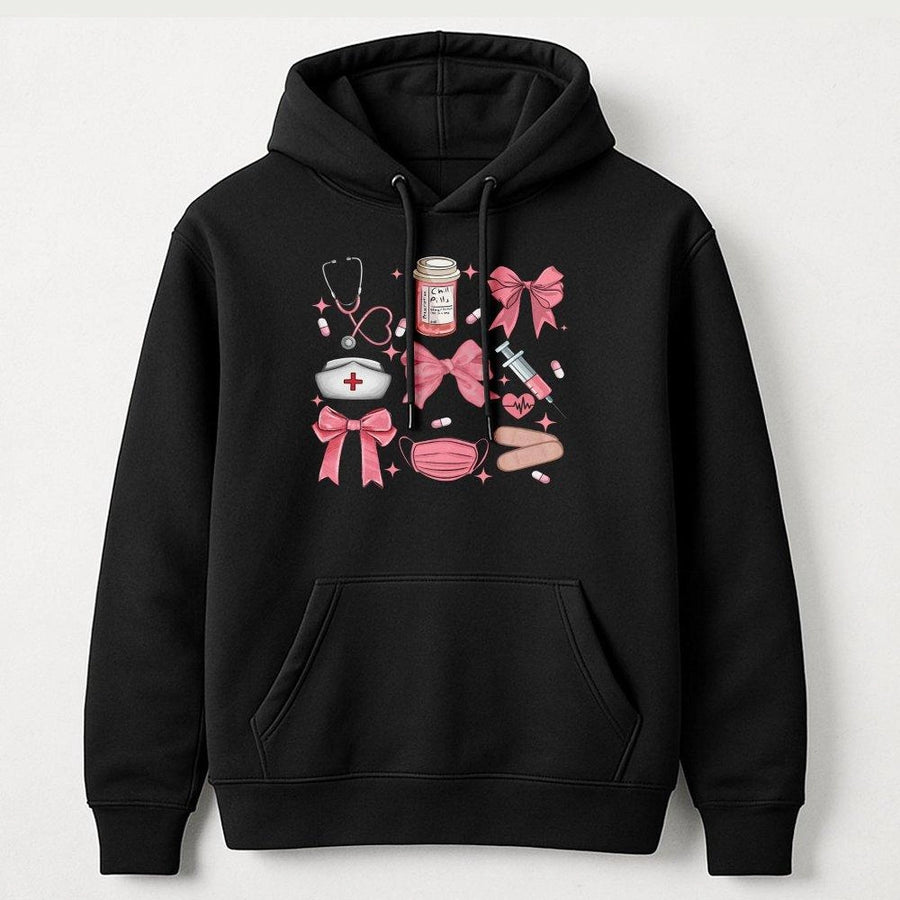 Coquette Nurse Hoodie | Aesthetic Medical Pink Bow Graphic | Soft Cotton-Blend Pullover | Cute Nursing School Student Gift for Her
