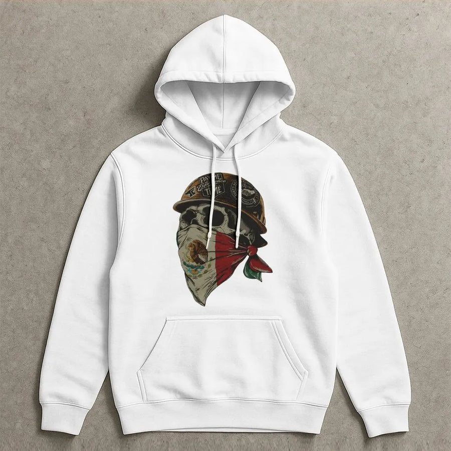 Mexican Flag Skull Hoodie | Hard Hat Construction Design | Premium Cotton Blend Apparel | Unique Gift for Blue Collar Worker, Dad or Tradesman