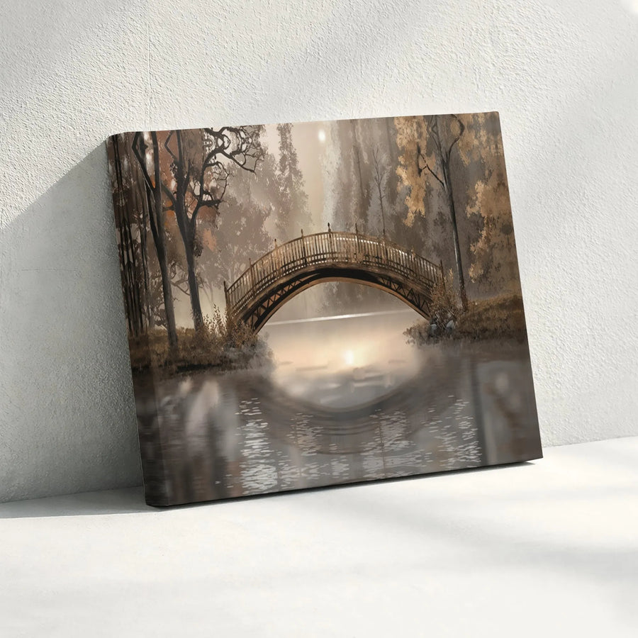 Misty Forest Bridge Canvas Wall Art | Serene River Landscape Painting | Premium Thick Gallery Wrap | Living Room & Bedroom Decor Gift