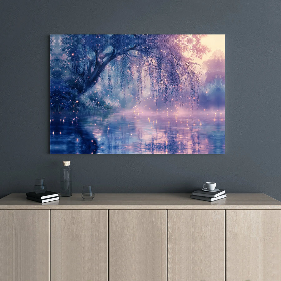 Magical Willow Tree Canvas Wall Art | Misty Lake With Fireflies | Premium 1.25" Gallery Wrap | Enchanting Nature Decor For Living Room