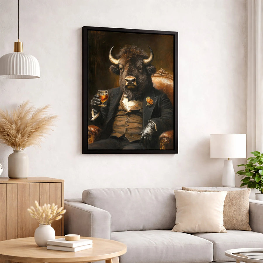 Distinguished Bison Wall Art | Gentleman Buffalo in Suit with Whiskey Glass | Premium Gallery-Wrapped Canvas Print | Sophisticated Home Office Decor