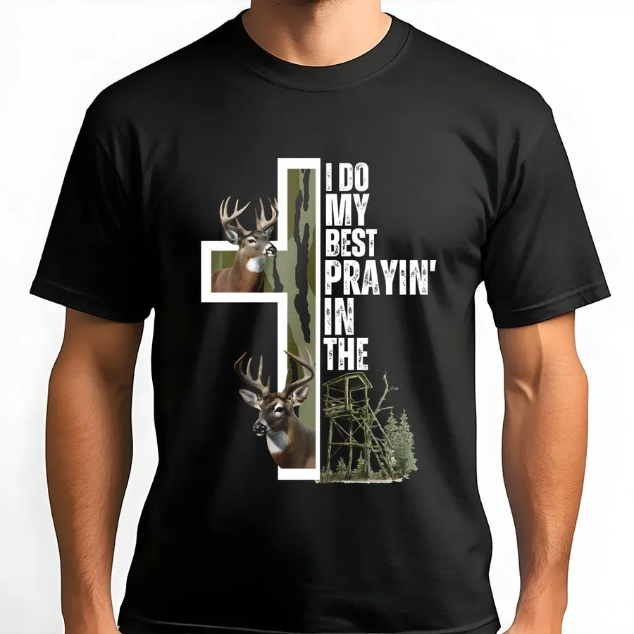 I Do My Best Prayin In The Deer Stand T-Shirt | Christian Hunting Cross Graphic | Premium Cotton Unisex Tee | Faith Based Outdoorsman Gift