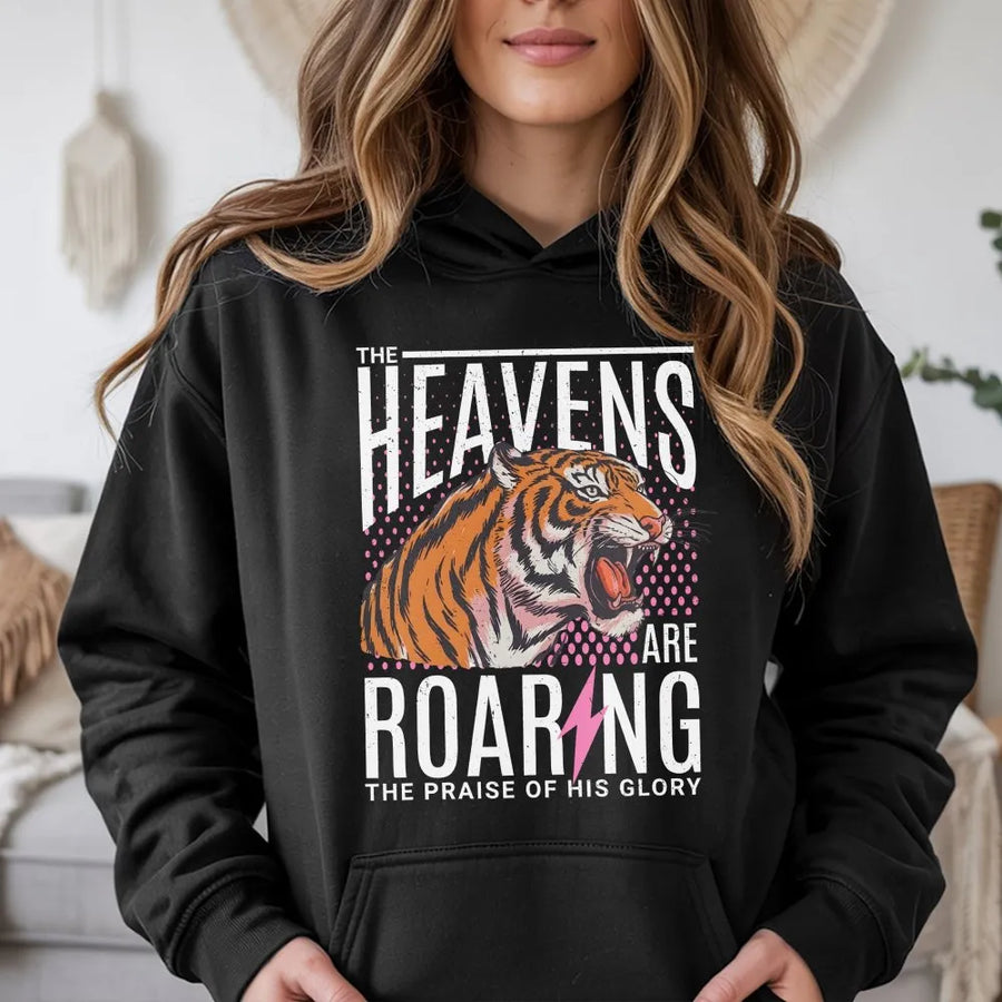 Christian Hoodie | Heavens Are Roaring Tiger Graphic | 90s Aesthetic Soft Pullover | Religious Faith Gift for Men & Women