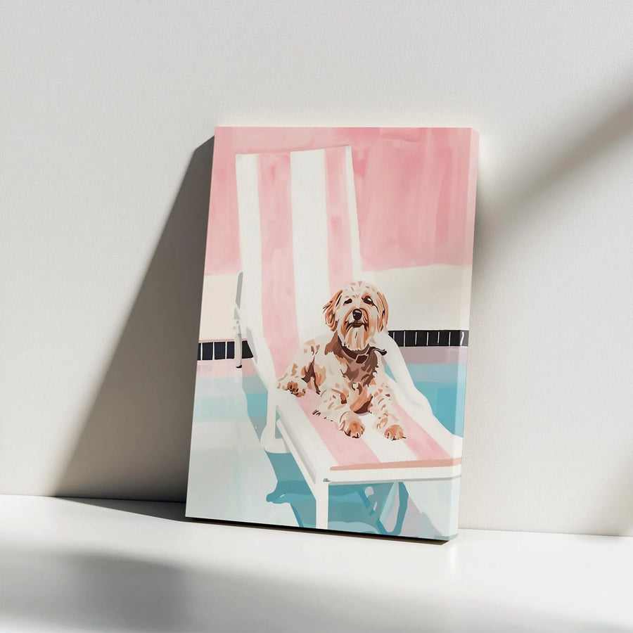 Dog Poolside Vertical Canvas | Whimsical Summer Dog Art Print | Premium Gallery Wrapped Wall Decor | Unique Gift for Goldendoodle Lover