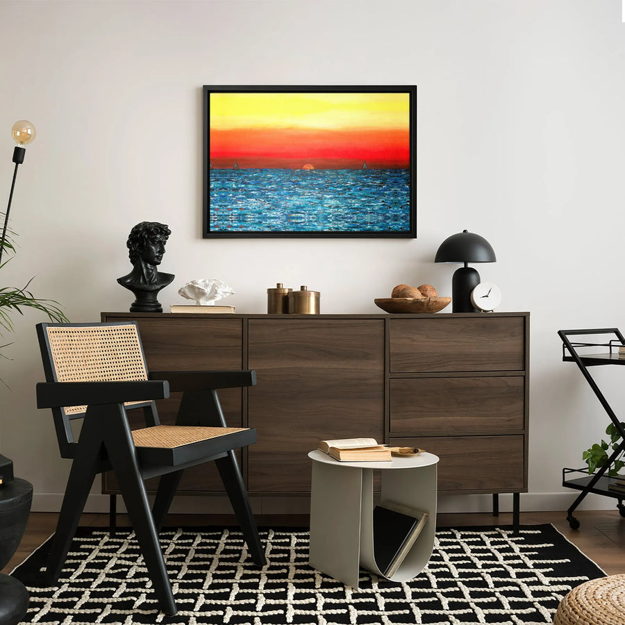 Ocean Sunset Wall Art Canvas | Impressionist Sailboat Seascape | Premium Gallery Wrapped Print | Coastal Home Decor for Living Room