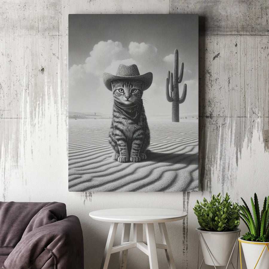 Cowboy Kitten Canvas Wall Art | Funny Black & White Western Cat Portrait | Premium Frameless Gallery Wrap | Unique Gift for Cat Lover Farmhouse Decor