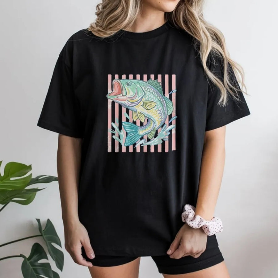 Retro Bass Fishing T-Shirt | Pastel Fish Graphic with Coastal Aesthetic | Soft Cotton Blend Crewneck | Gift for Angler