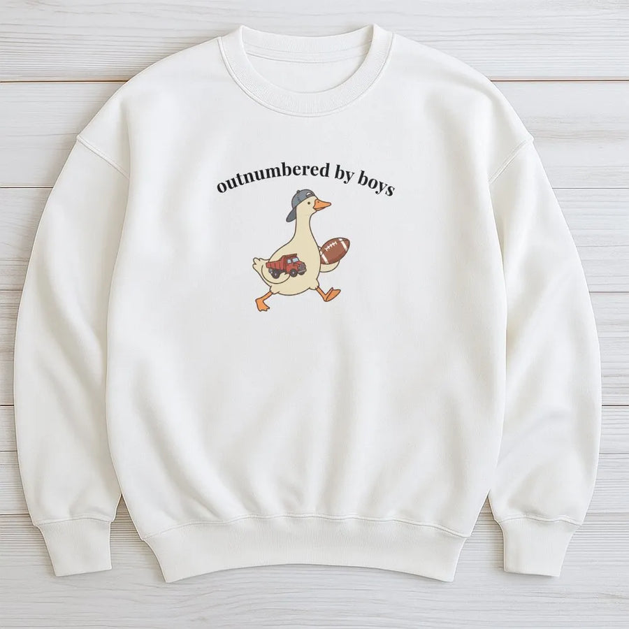 Outnumbered By Boys Sweatshirt | Funny Goose Mom Life Graphic | Soft Cotton Blend Crewneck | Humorous Gift for Mom of Boys